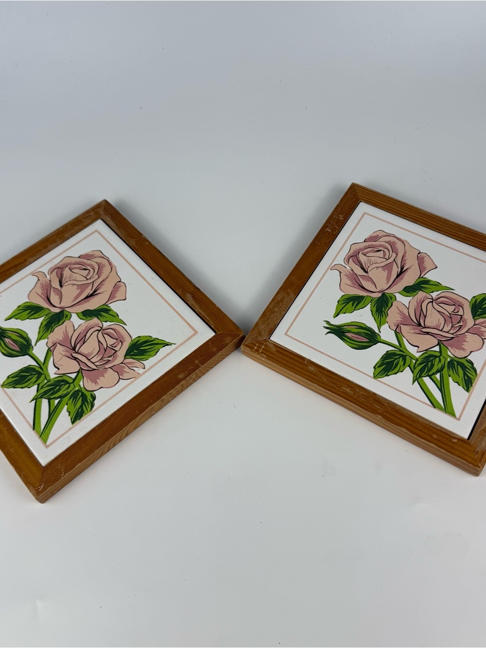 Vintage Square Wood Plaque Pink Rose White Ceramic Tile W/Hanging Hook 7”x7” - Picture 2 of 5